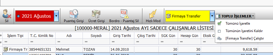 Personel Transfer işlemi